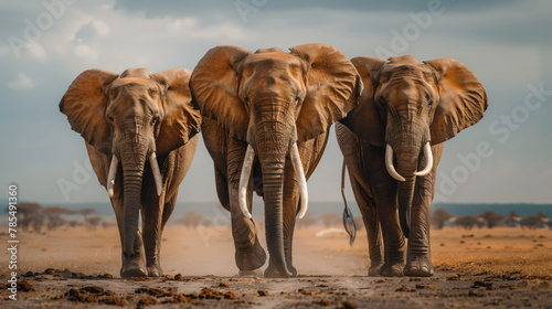 Three african elephants walking in a line towards the