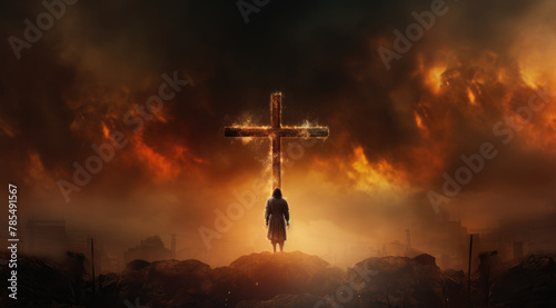 Jesus Christ on cross over meadow sunset background. Silhouette of Jesus with Cross over calvary sunset concept for religion, worship, Christmas, Good Friday, Easter, Thanksgiving Prayer.