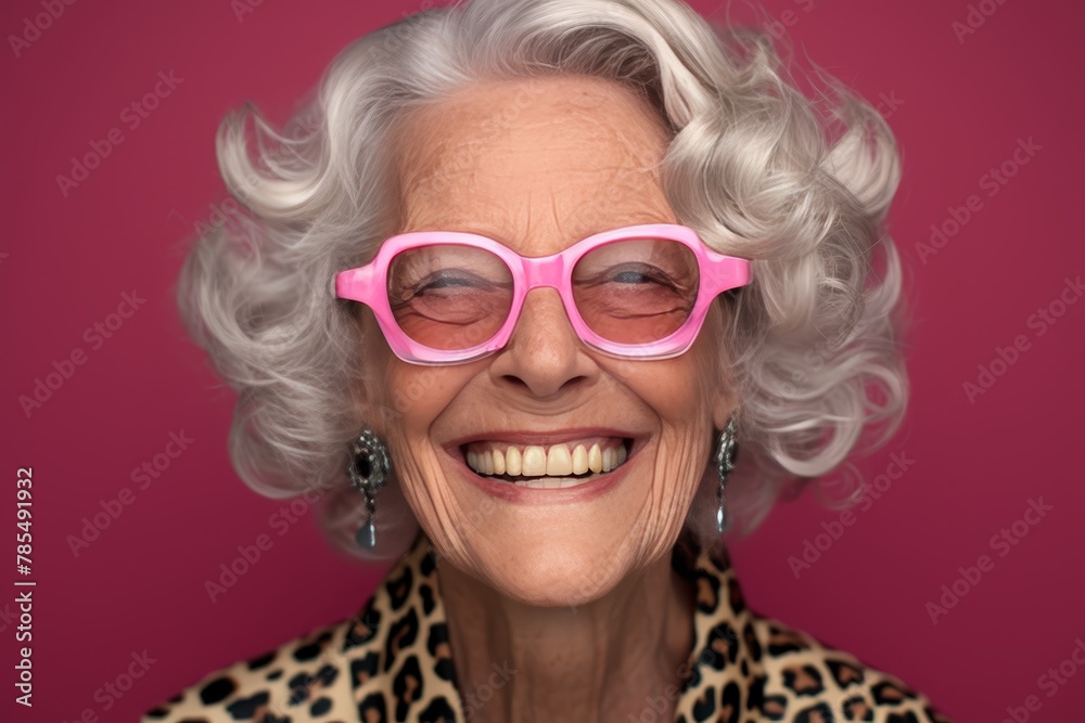 A vibrant portrait of an elderly woman with white hair, wearing pink sunglasses and smiling 