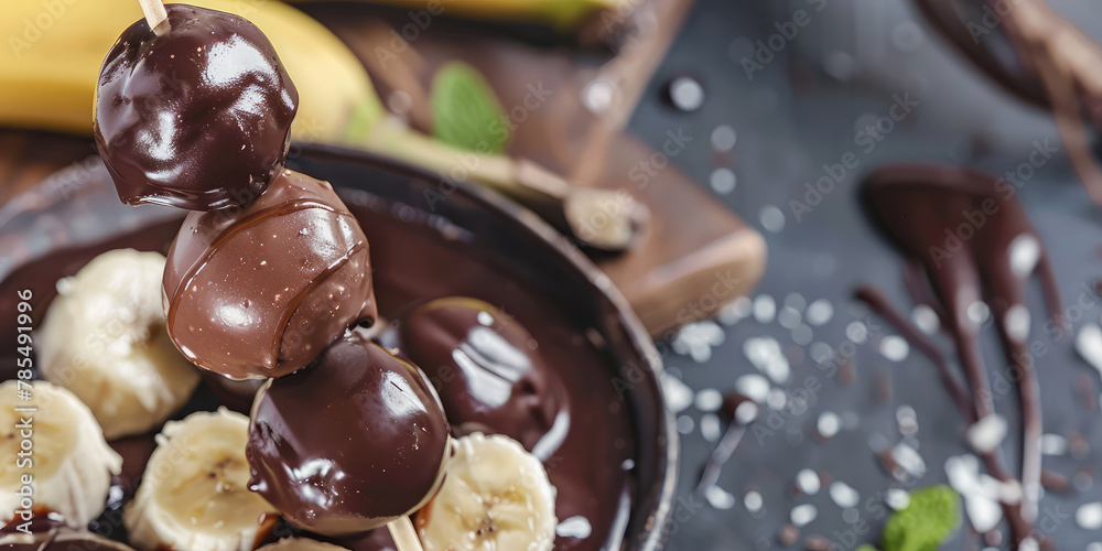 Chocolate covered bananas on a stick. A delicious fruit dessert for a candy bar. Banana pieces in liquid chocolate. Chocolate covered bananas on a stick. A delicious fruit dessert for a candy bar. Banana pieces in liquid chocolate.