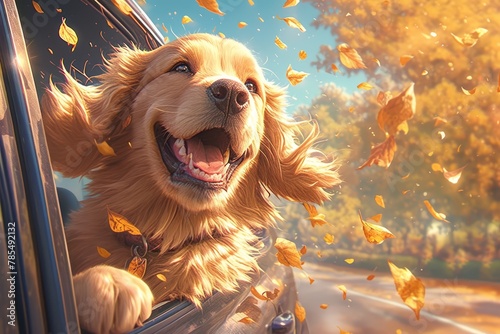 A happy brown dog with his head out of the car window, smiling and enjoying an day ride.