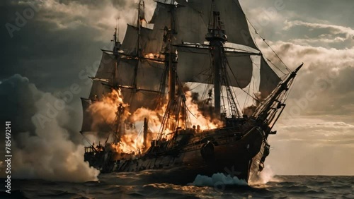 Ship at sea with fire and smoke. An epic battle between pirates on the high seas