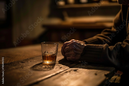 Elderly man whiskey glass rustic wooden table, mood contemplative. Aging, solitude, peaceful moment