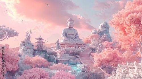 illustration of a Buddhist temple place of worship with soft pastel color photo