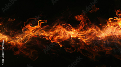 Tongues of fire in a panoramic view over a black background