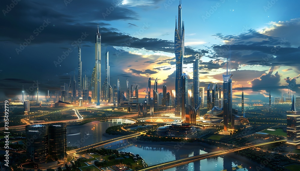 dynamic 3D rendition of a futuristic cityscape, showcasing cutting-edge architecture and vibrant city lights, epitomizing technological advancement