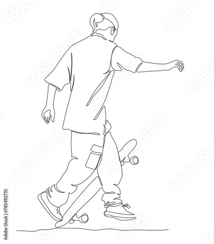 Man stops on skateboard by turning on the tail. Continuous line drawing. Black and white vector illustration in line art style.