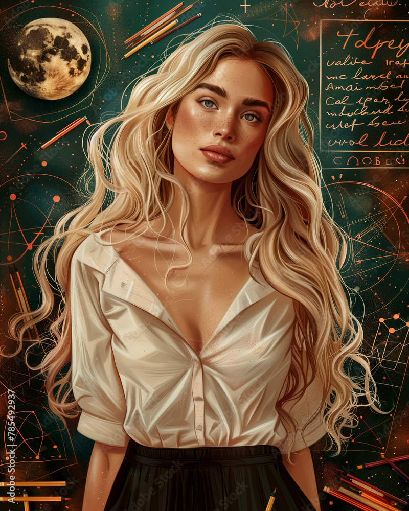 Fashion model with long blonde hair in white shirt and black skirt ...