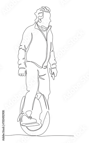 Man riding electric unicycle. Wear gloves and holding mobile phone. Continuous line drawing. Black and white vector illustration in line art style.
