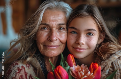 Joyful woman surprises her mother with tulips at home, celebrating Mother's Day together happily