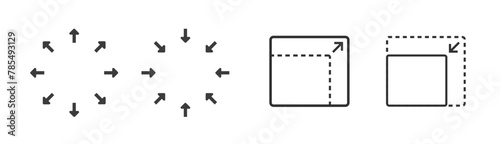 Size scale expand icon or resize maximize minimize window image vector ui interface element graphic set, upscale downscale arrow symbol, smaller bigger square round tool, increase decrease sign
