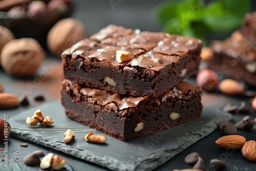 A stack of brownies sitting on top of a slate plate next to nuts and chocolate chips on a table