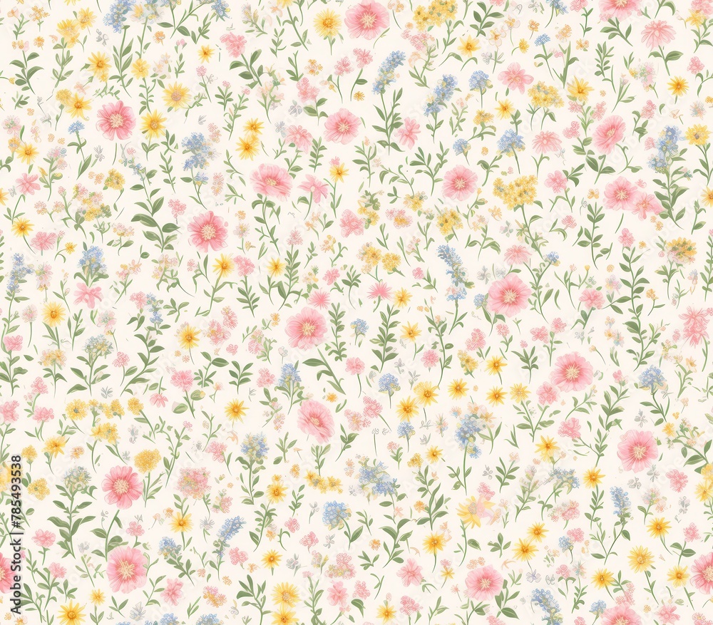 A pattern of small flowers in pink, green and orange on a white background. 
