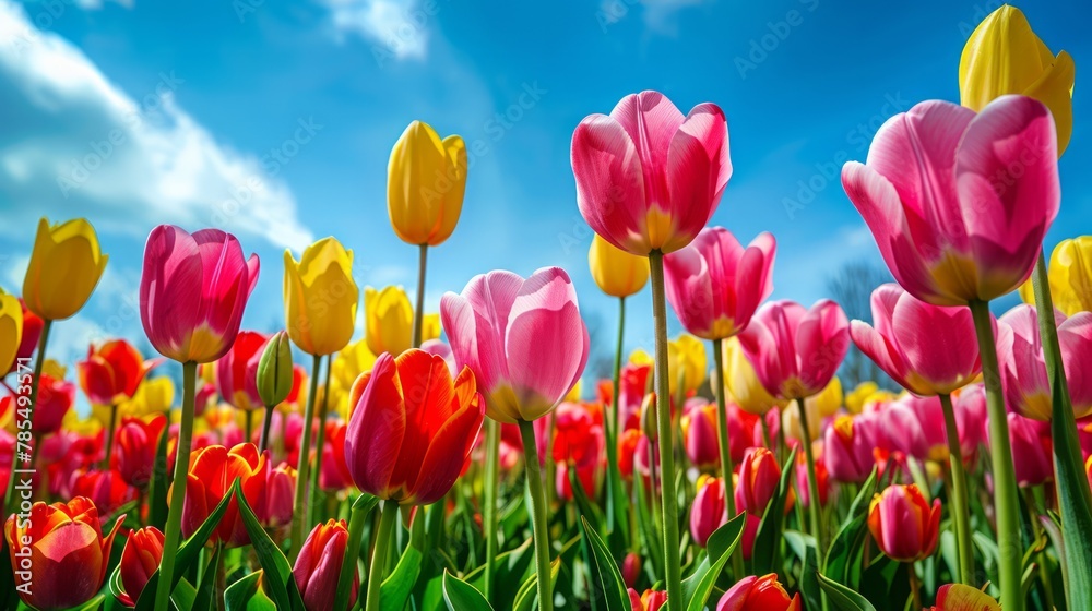 Endless sea of vivid tulips in full bloom teeming with red pink and yellow hues under the crisp blue Netherlands spring sky with a generous space for text