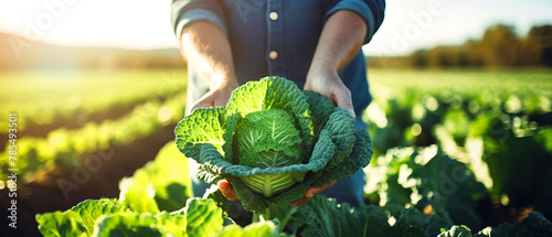 A person is holding a cabbage in their hands in a field