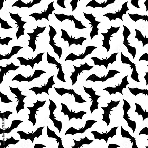 Halloween Bat seamless pattern. Vector Happy Halloween print with flying black bat silhouette on gradient orange background. For wrapping, fabric, holiday decoration, textile, wallpapers.