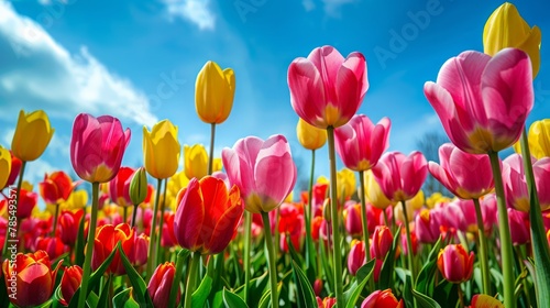 Endless sea of vivid tulips in full bloom teeming with red pink and yellow hues under the crisp blue Netherlands spring sky with a generous space for text