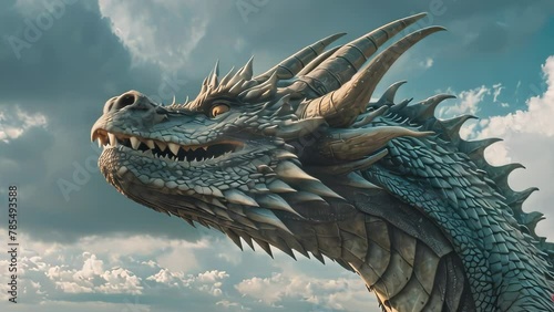 Video animation of ragon, soaring through the clouds. Its scales shimmer with a radiant blue hue, reflecting the light of its ethereal surroundings photo