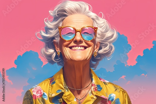 A photo of an old woman smiling, wearing colorful pink sunglasses against a pink background with blue clouds