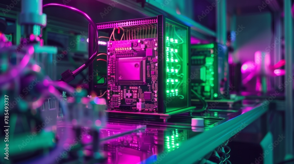 Intricate quantum computer processor in a cutting-edge lab surrounded by scientific equipment bathed in a vibrant neon green light Intricate quantum computer processor in a cutting-edge lab surrounded by scientific equipment bathed in a vibrant neon green light