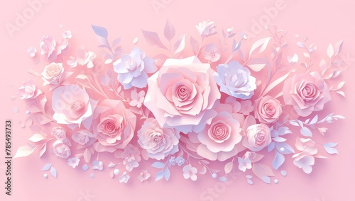A pink background with delicate paper flowers in various shades of pastel  creating an elegant and romantic atmosphere