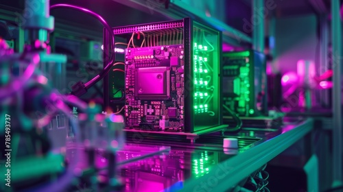 Intricate quantum computer processor in a cutting-edge lab surrounded by scientific equipment bathed in a vibrant neon green light