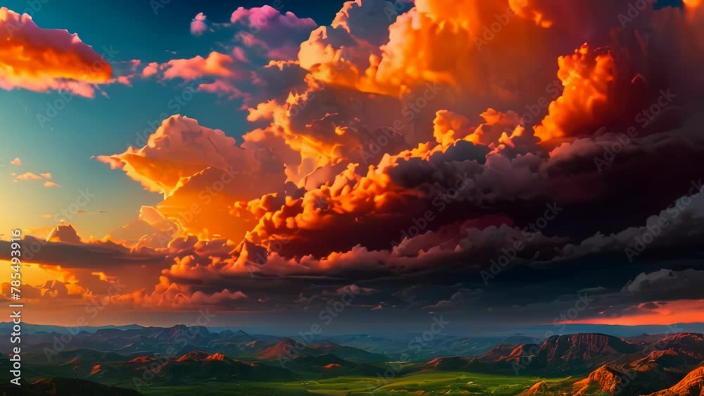 Video animation of breathtaking sunset with vibrant clouds illuminating the skies above serene green landscapes. It’s a dramatic scene that evokes emotions of awe and tranquility. Video animation of breathtaking sunset with vibrant clouds illuminating the skies above serene green landscapes. It’s a dramatic scene that evokes emotions of awe and tranquility.