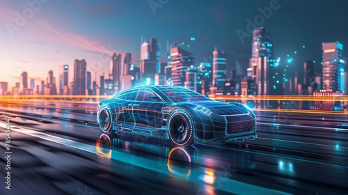 Autonomous electric vehicle with illuminated details traverses a digitally-enhanced smart cityscape under twilight hues demonstrating advanced technology and sustainability photo