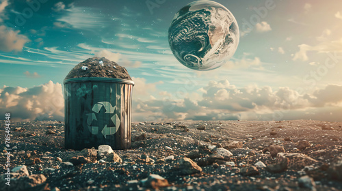 Trash Can with Rubish and Earth photo