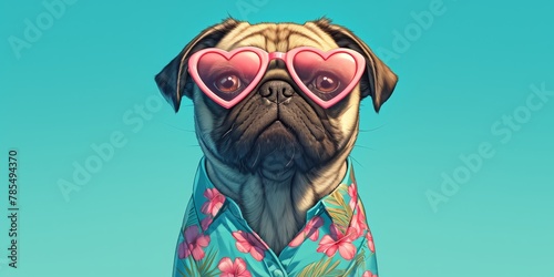 A pug dog wearing pink heart-shaped sunglasses and a floral shirt sits on a solid color background copy space concept. 
