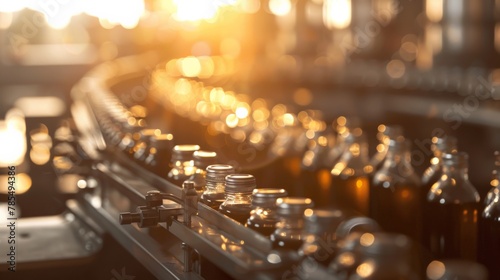 A dynamic angle capturing the moment bottles are sealed with caps, the machinery's sleek design and the rhythmic motion of the line enhanced by the vibrant sunlight streaming in.