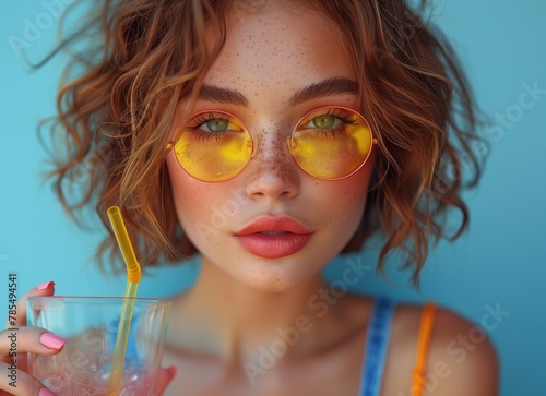 brunette beauty, adorned in yellow glasses, sips a cocktail gracefully through a straw