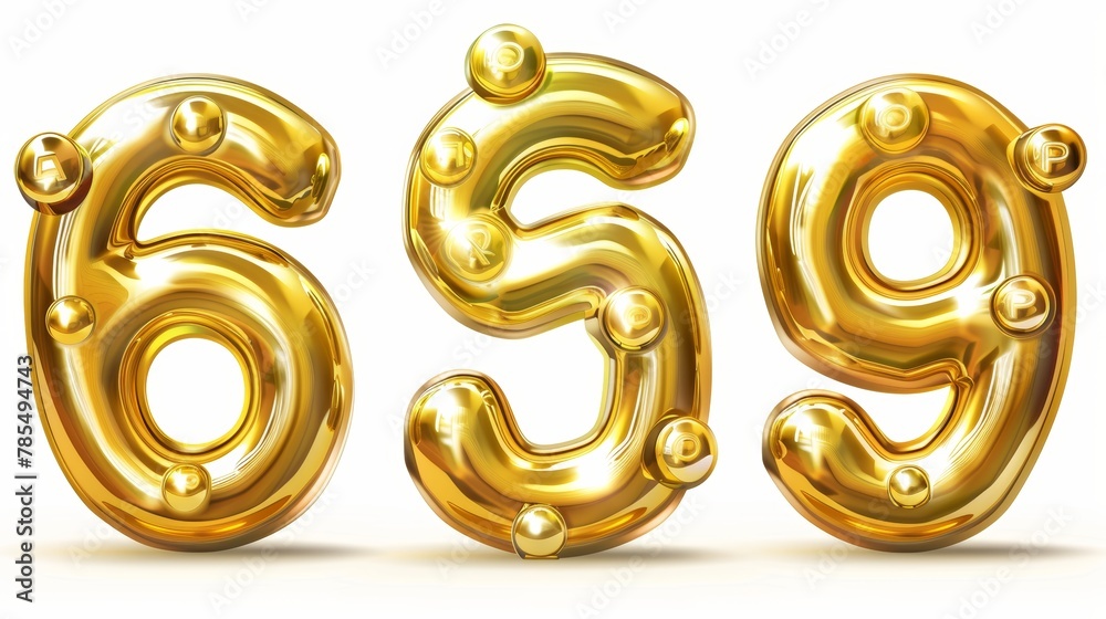 Set of gold metal unique numbers or symbols from 6 to 9, part 2, isolated on white background. Matte with glossy frame gold metal symbols or signs from 6 to 9. Set of gold metal unique numbers or symbols from 6 to 9, part 2, isolated on white background. Matte with glossy frame gold metal symbols or signs from 6 to 9.