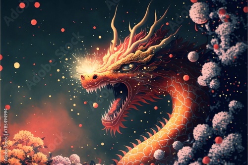 Dragon with fire and sparks on a dark background. Vector illustration.