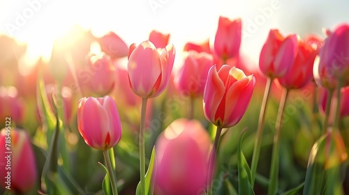 Vibrant tulip field with a rainbow of blooming hues under the clear Springtime Dutch sky offering ample space for text