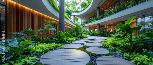 Eco-Futuristic Indoor Oasis with Lush Foliage. Concept Indoor Oasis, Eco-Futuristic, Lush Foliage, Sustainable Design photo