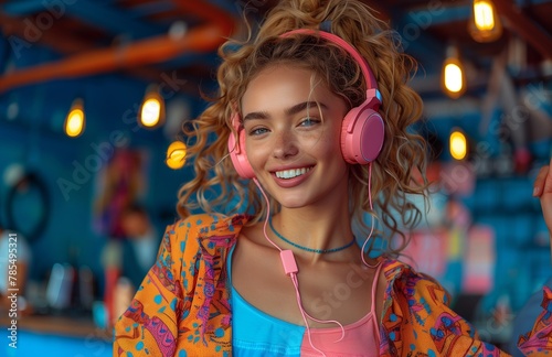 vibrant young woman enjoys music with joy, sporting colorful headphones in lively hues