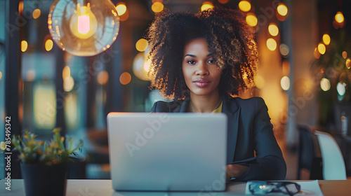 professional businesswoman sitting at a table with laptop looking at camera, entrepreneur