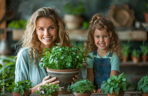 Mother and daughter bond, planting flowers in home pots, nurturing growth and familial connection