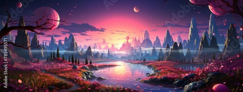 Fantasy landscape with fantasy planet, moon and stars. 3d illustration
