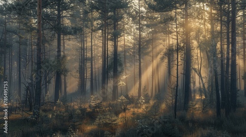 A forest with morning sunlight shining through the trees  Ray of Light 