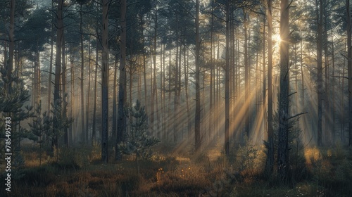 A forest with morning sunlight shining through the trees  Ray of Light 