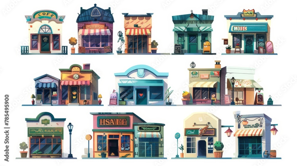 An urban retro residential building with a small cafe and a restaurant is isolated on a white background. A vintage house with a restaurant, a bakery, or a local store can also be viewed. An urban retro residential building with a small cafe and a restaurant is isolated on a white background. A vintage house with a restaurant, a bakery, or a local store can also be viewed.