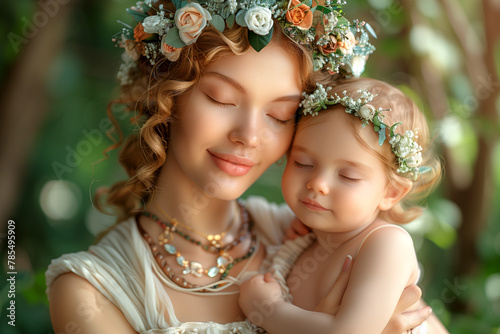 a woman is holding a baby with a flower crown on her head