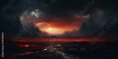 Fantasy alien planet. Mountain and river. 3D illustration.