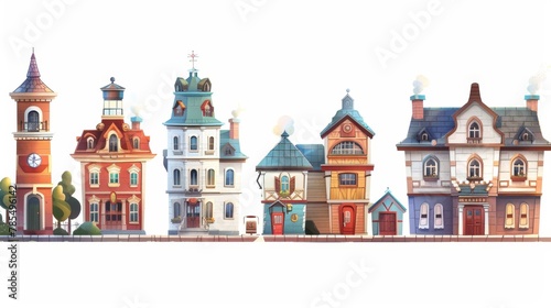 The retro colonial style building cartoon illustration shows old wooden government and residential buildings on a white background.