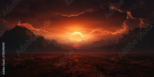 Fantasy alien planet. Mountain and sun. 3D illustration.