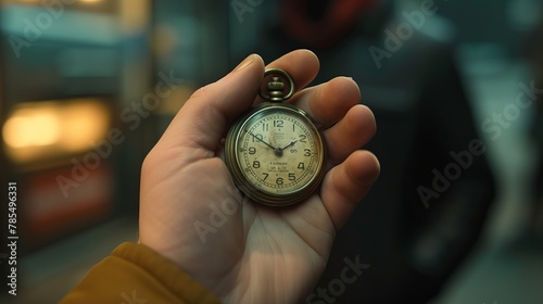 Person holding stopwatch with upward arrow