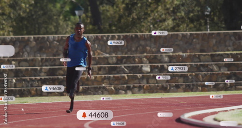 Image of notification bars over african american athlete running on race track