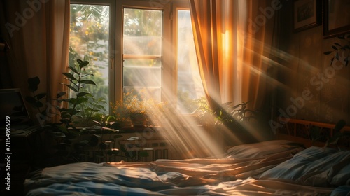 Bedroom with sun rays coming through window,warm and cozy during the golden hour,Tyndall effect.